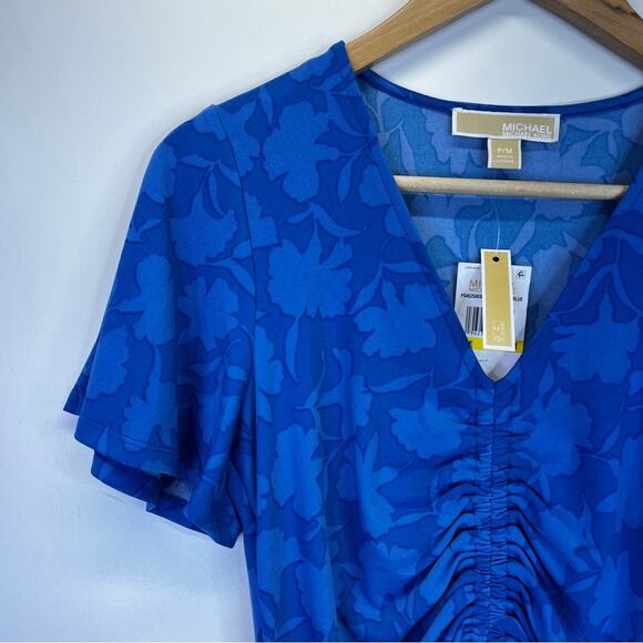 Michael Kors Printed Ruched Flutter Sleeve top grecian blue - P/M - Picture 4 of 11